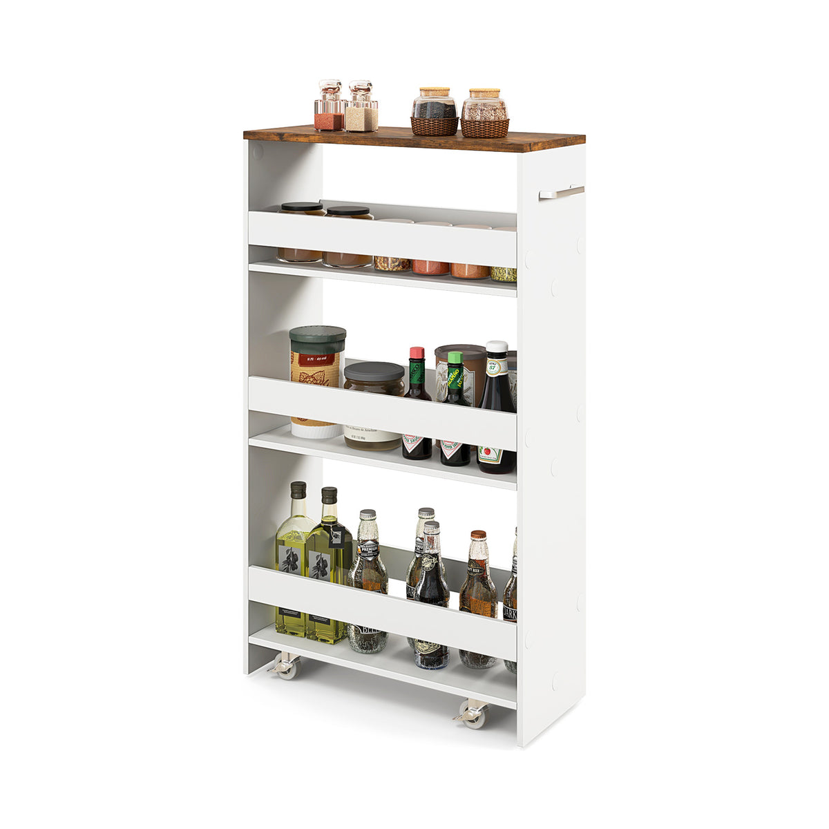 4-Tier Rolling Storage Cart Slim Kitchen Cart on Wheels with Open Shelves and Handle-Rustic Brown-Kitchen Islands & Carts-DECOROLALA