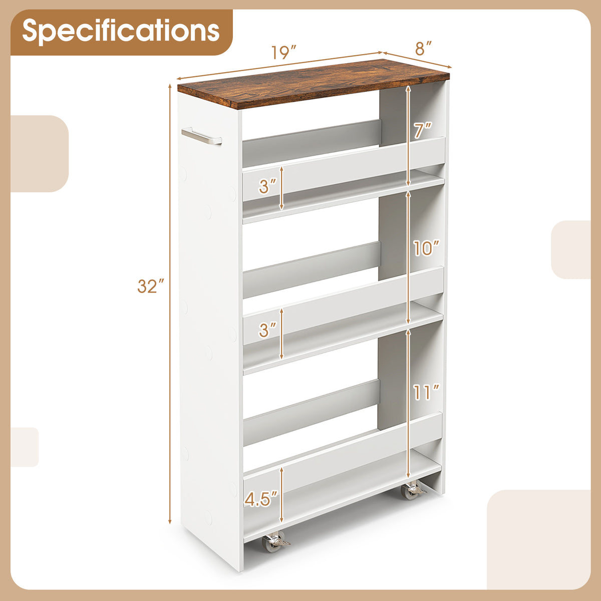 4-Tier Rolling Storage Cart Slim Kitchen Cart on Wheels with Open Shelves and Handle-Rustic Brown-Kitchen Islands & Carts-DECOROLALA