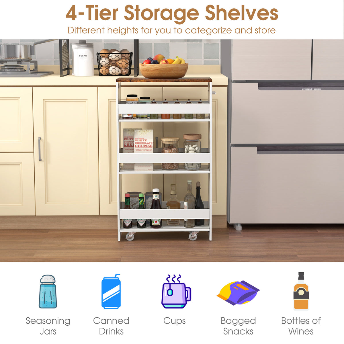 4-Tier Rolling Storage Cart Slim Kitchen Cart on Wheels with Open Shelves and Handle-Rustic Brown-Kitchen Islands & Carts-DECOROLALA