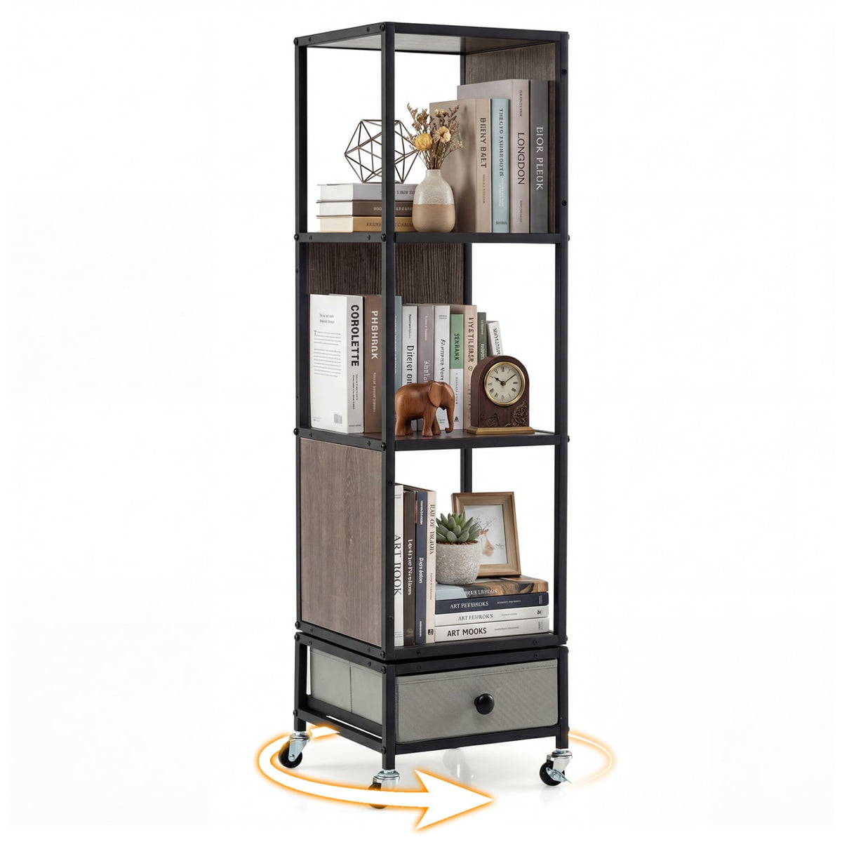 4-Tier Rotating Bookshelf on Wheels with Removable Drawer-Gray-Bookcases-DECOROLALA