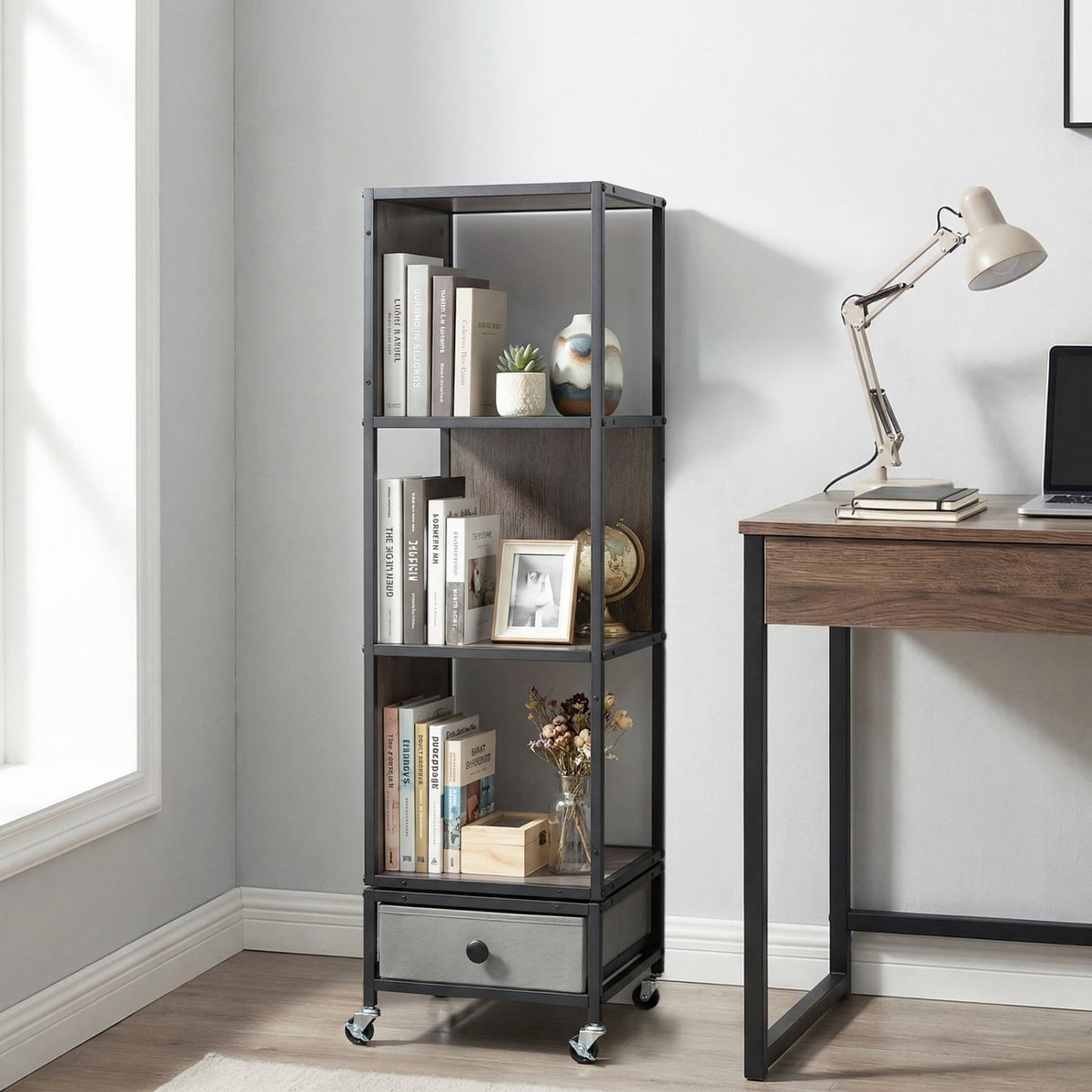 4-Tier Rotating Bookshelf on Wheels with Removable Drawer-Gray-Bookcases-DECOROLALA