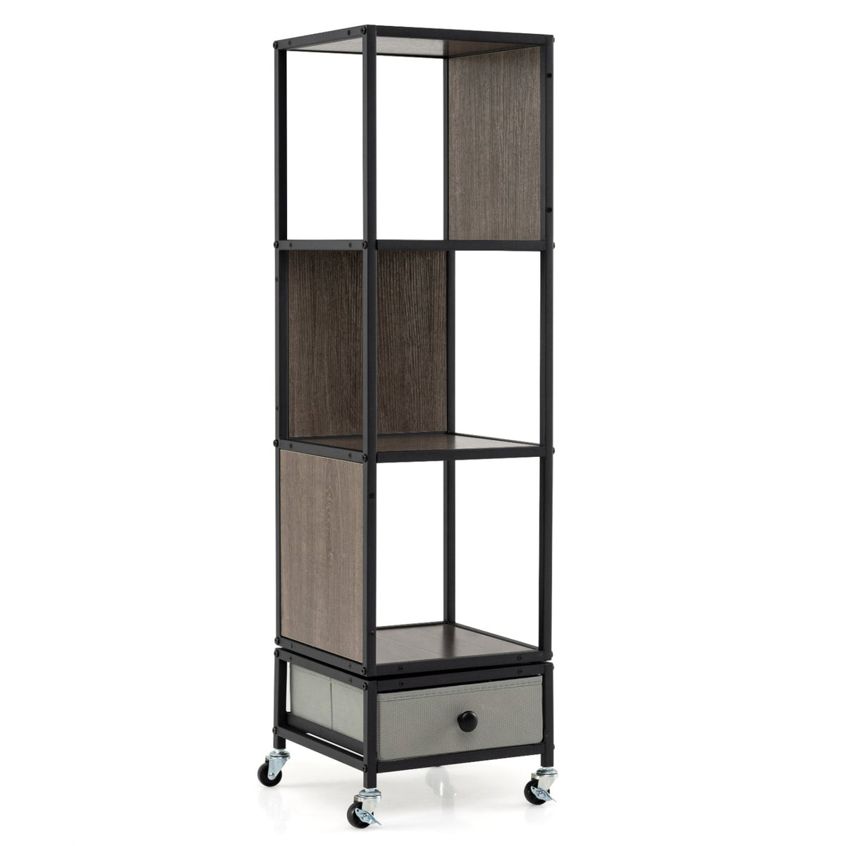 4-Tier Rotating Bookshelf on Wheels with Removable Drawer-Gray-Bookcases-DECOROLALA