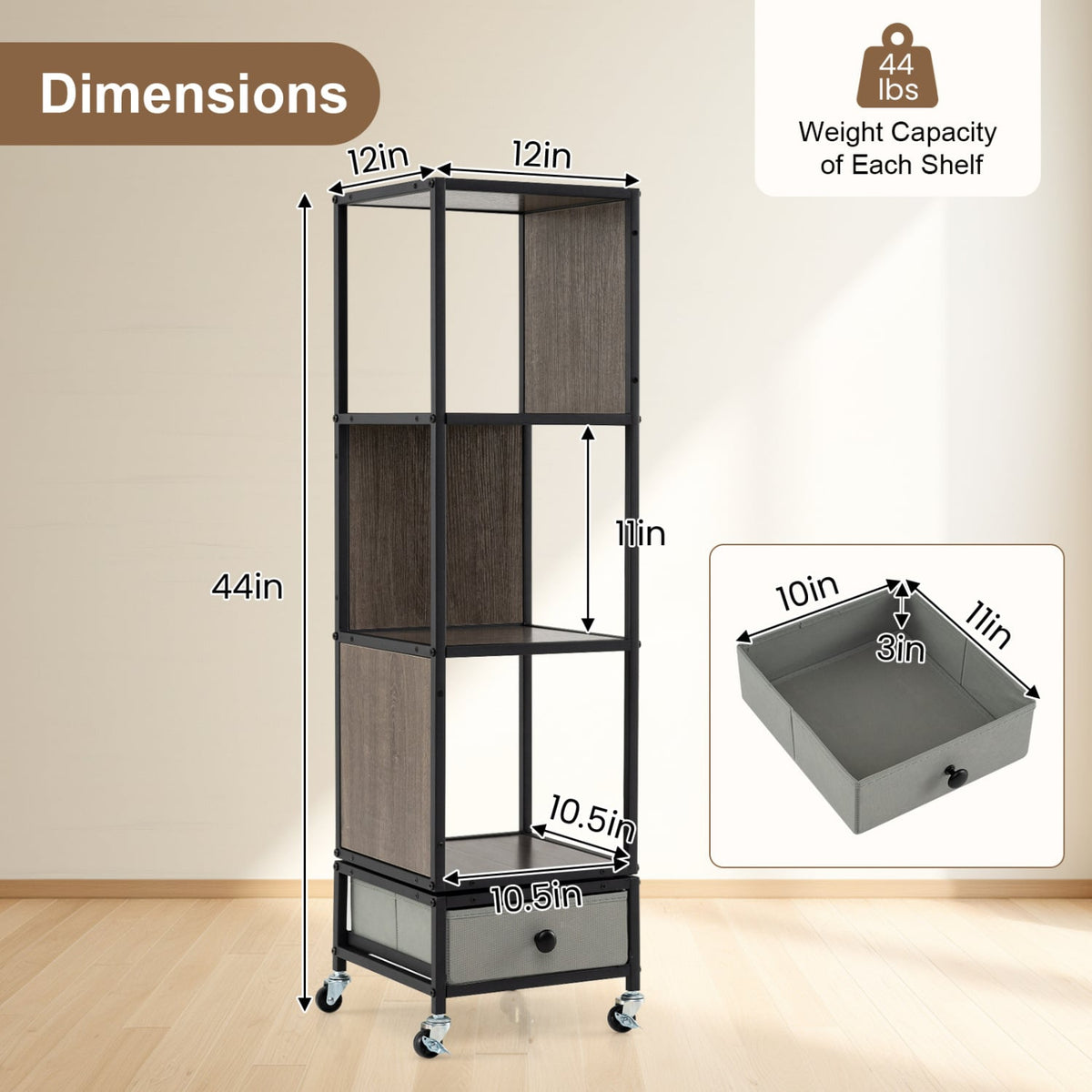 4-Tier Rotating Bookshelf on Wheels with Removable Drawer-Gray-Bookcases-DECOROLALA