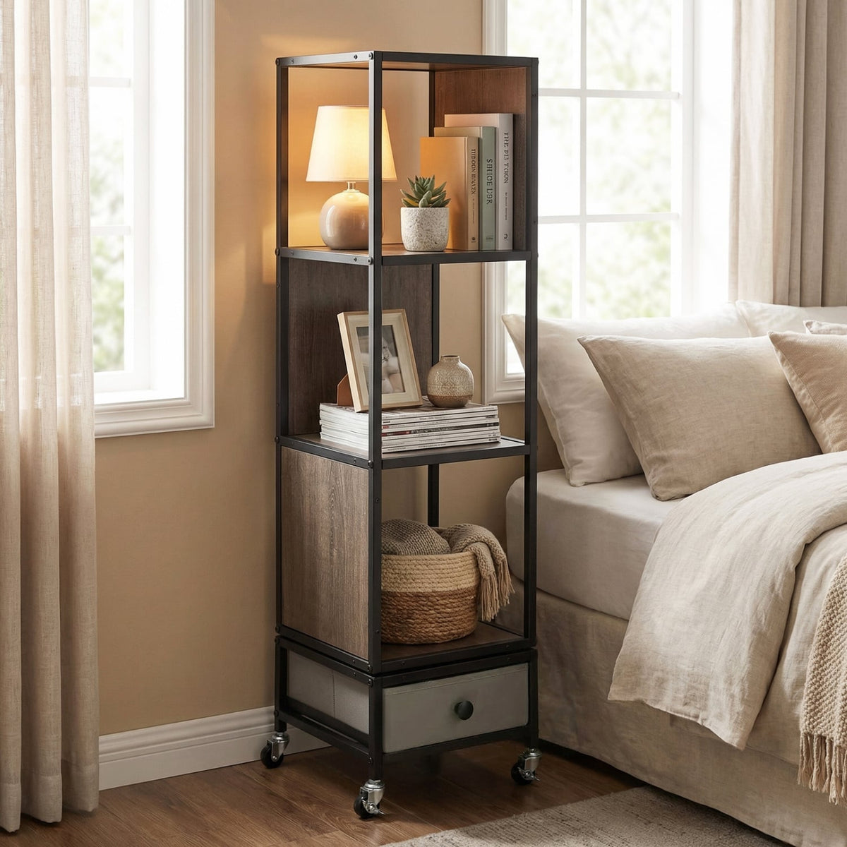 4-Tier Rotating Bookshelf on Wheels with Removable Drawer-Gray-Bookcases-DECOROLALA