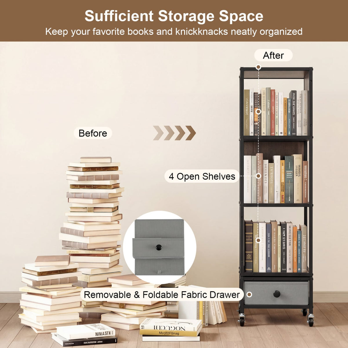 4-Tier Rotating Bookshelf on Wheels with Removable Drawer-Gray-Bookcases-DECOROLALA