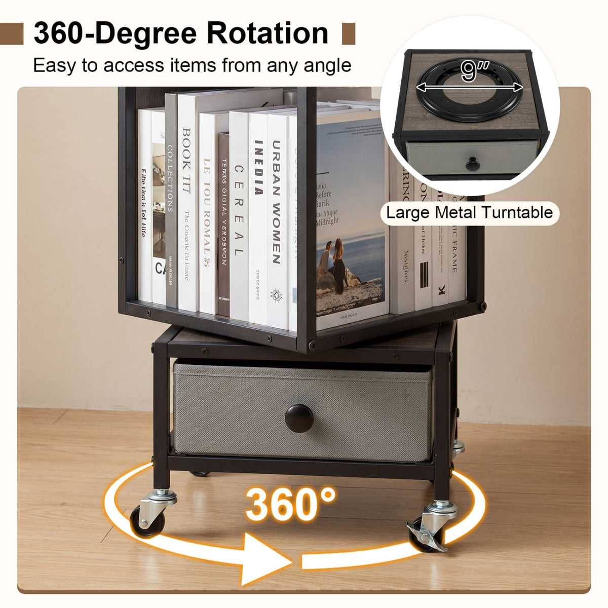 4-Tier Rotating Bookshelf on Wheels with Removable Drawer-Gray-Bookcases-DECOROLALA