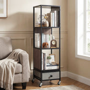 4-Tier Rotating Bookshelf on Wheels with Removable Drawer-Gray-Bookcases-DECOROLALA