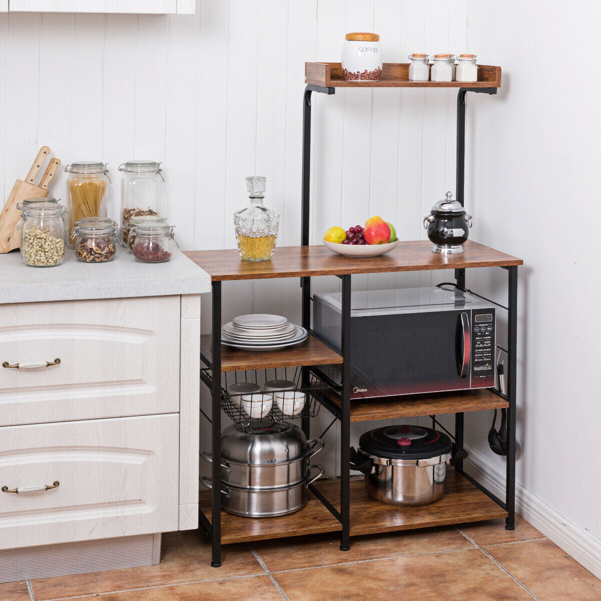 4 Tier Vintage Kitchen Baker's Rack Utility Microwave Stand-Coffee-Brown-Baker’s Racks-DECOROLALA