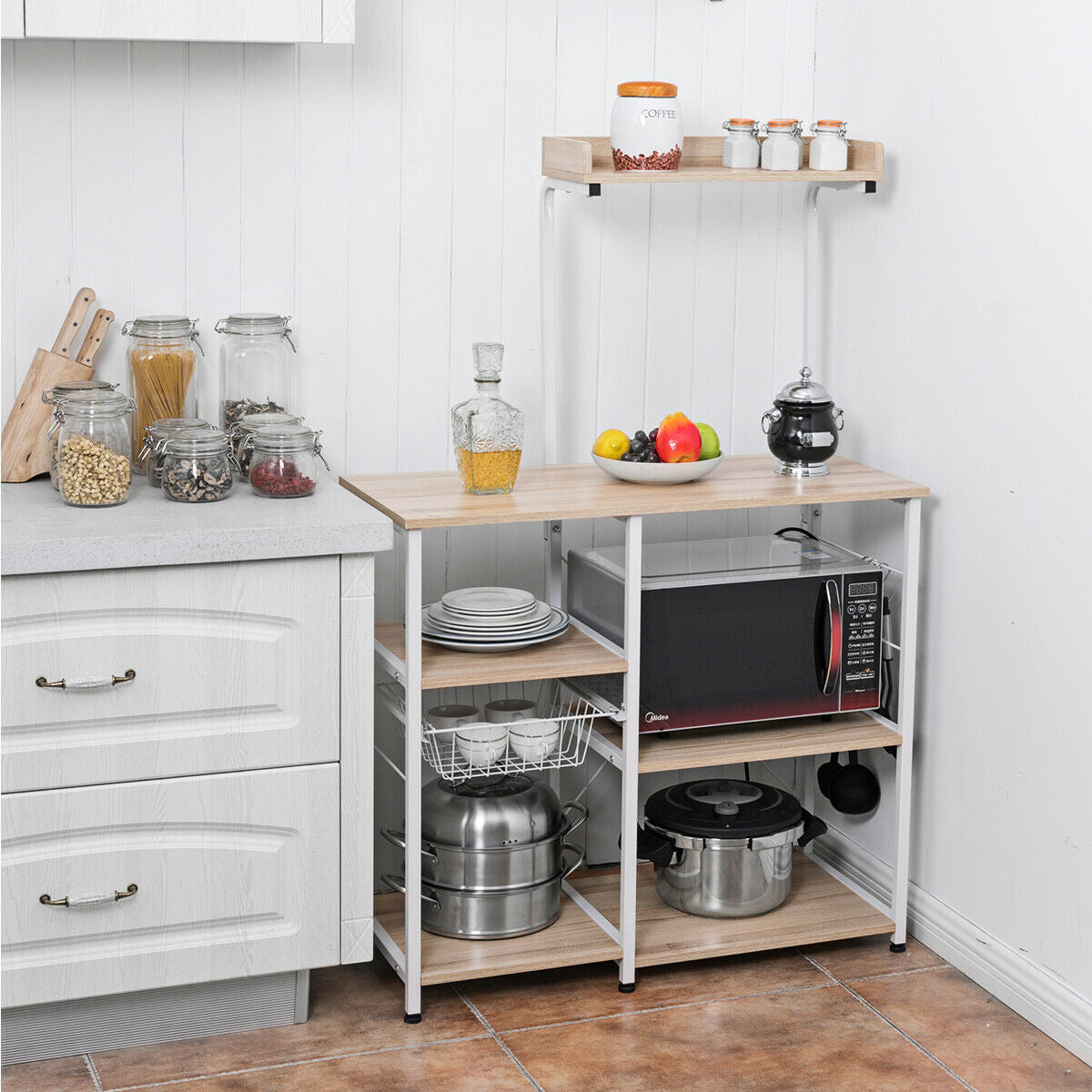 4 Tier Vintage Kitchen Baker's Rack Utility Microwave Stand-Coffee-Natural-Baker’s Racks-DECOROLALA