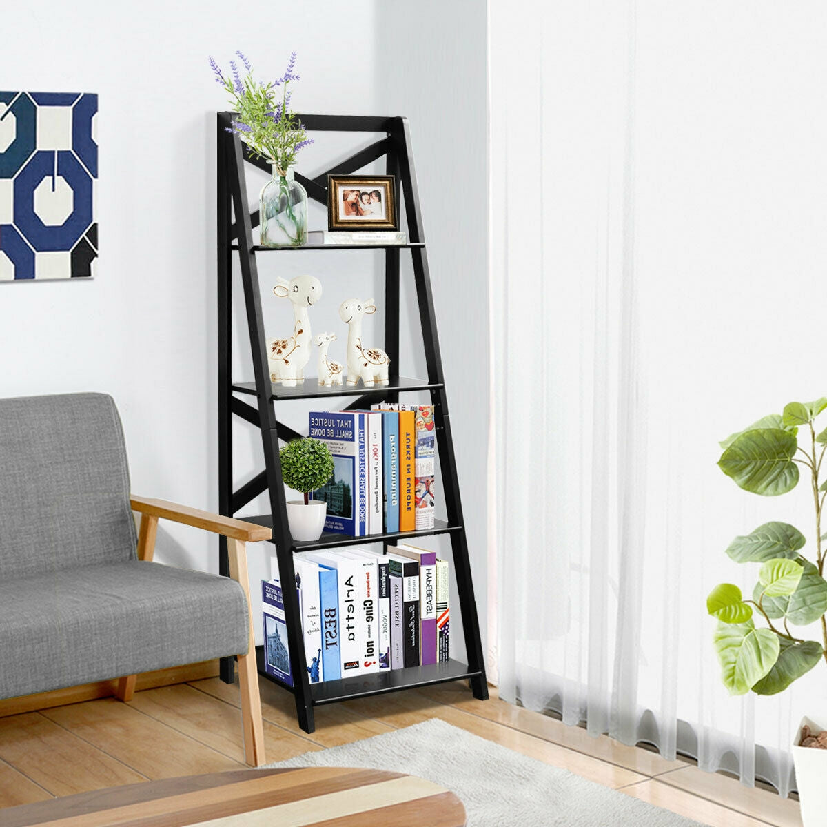 4-Tier Wood Display Storage Bookshelf-Black-Bookcases-DECOROLALA
