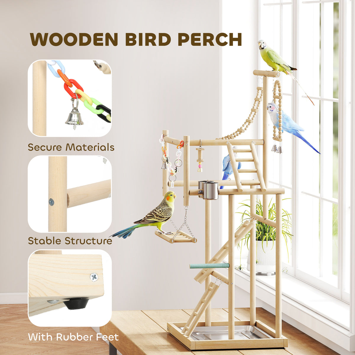 4-Tier Wooden Bird Playground Stand with Ladders and Toys-Birds-DECOROLALA