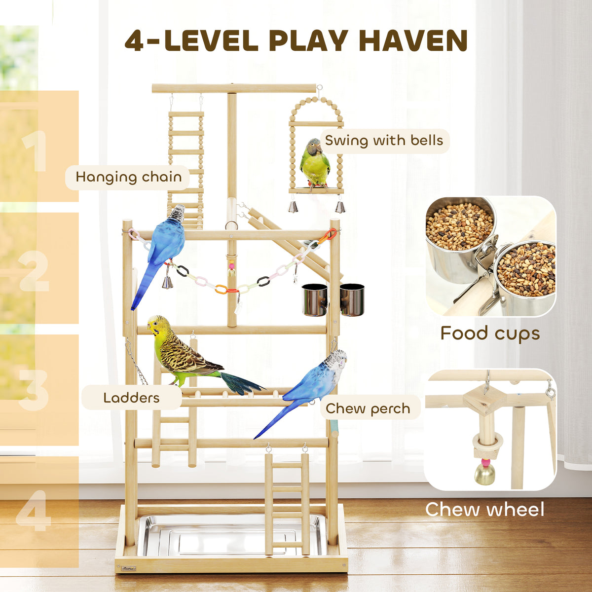 4-Tier Wooden Bird Playground Stand with Ladders and Toys-Birds-DECOROLALA