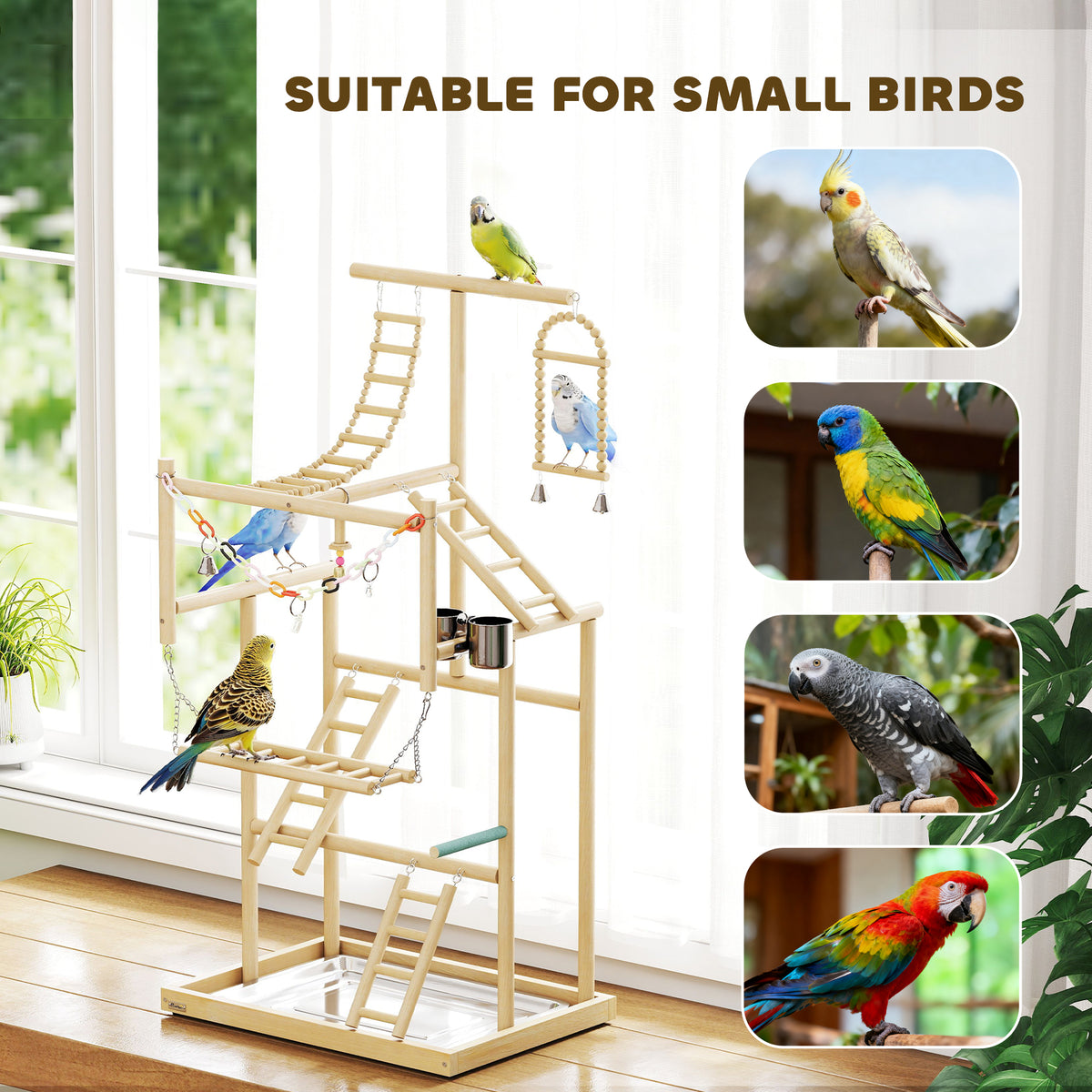 4-Tier Wooden Bird Playground Stand with Ladders and Toys-Birds-DECOROLALA