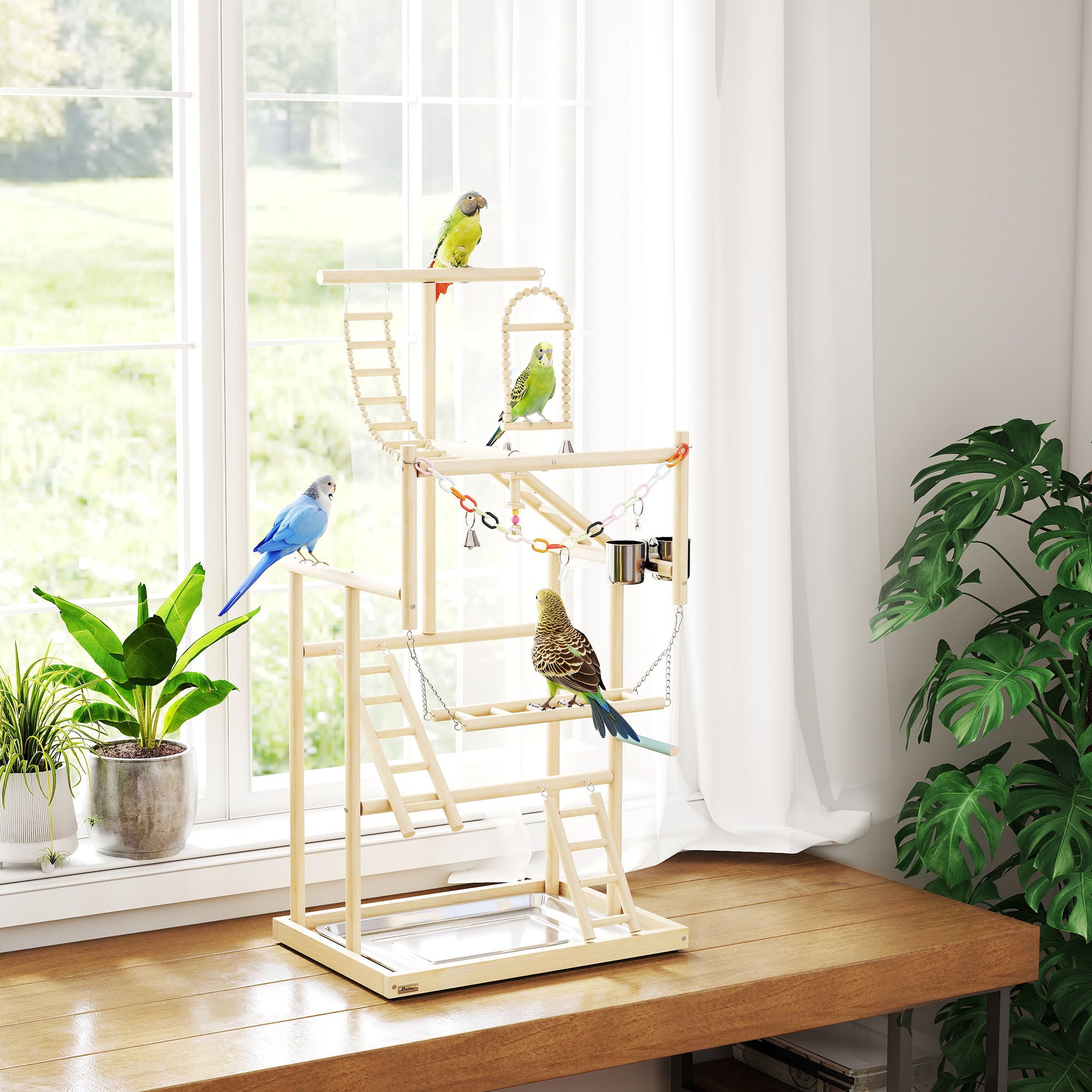 4-Tier Wooden Bird Playground Stand with Ladders and Toys-Birds-DECOROLALA