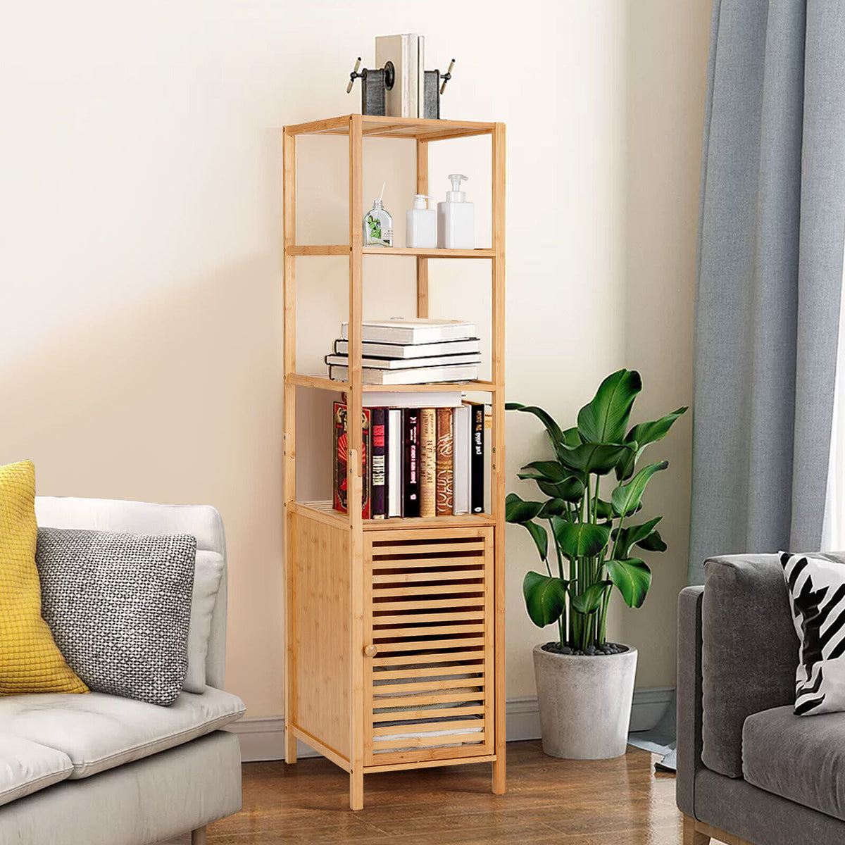 4-Tier Slim Bamboo Floor Storage Cabinet - Natural 65"H-Floor Cabinets-DECOROLALA