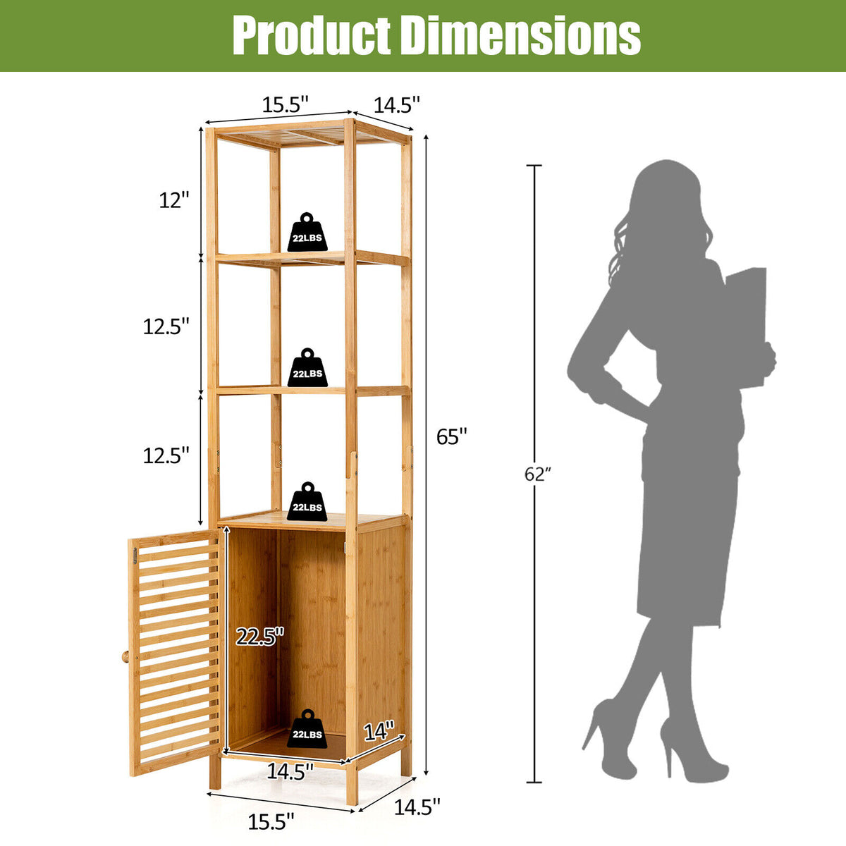 4-Tier Slim Bamboo Floor Storage Cabinet - Natural 65"H-Floor Cabinets-DECOROLALA