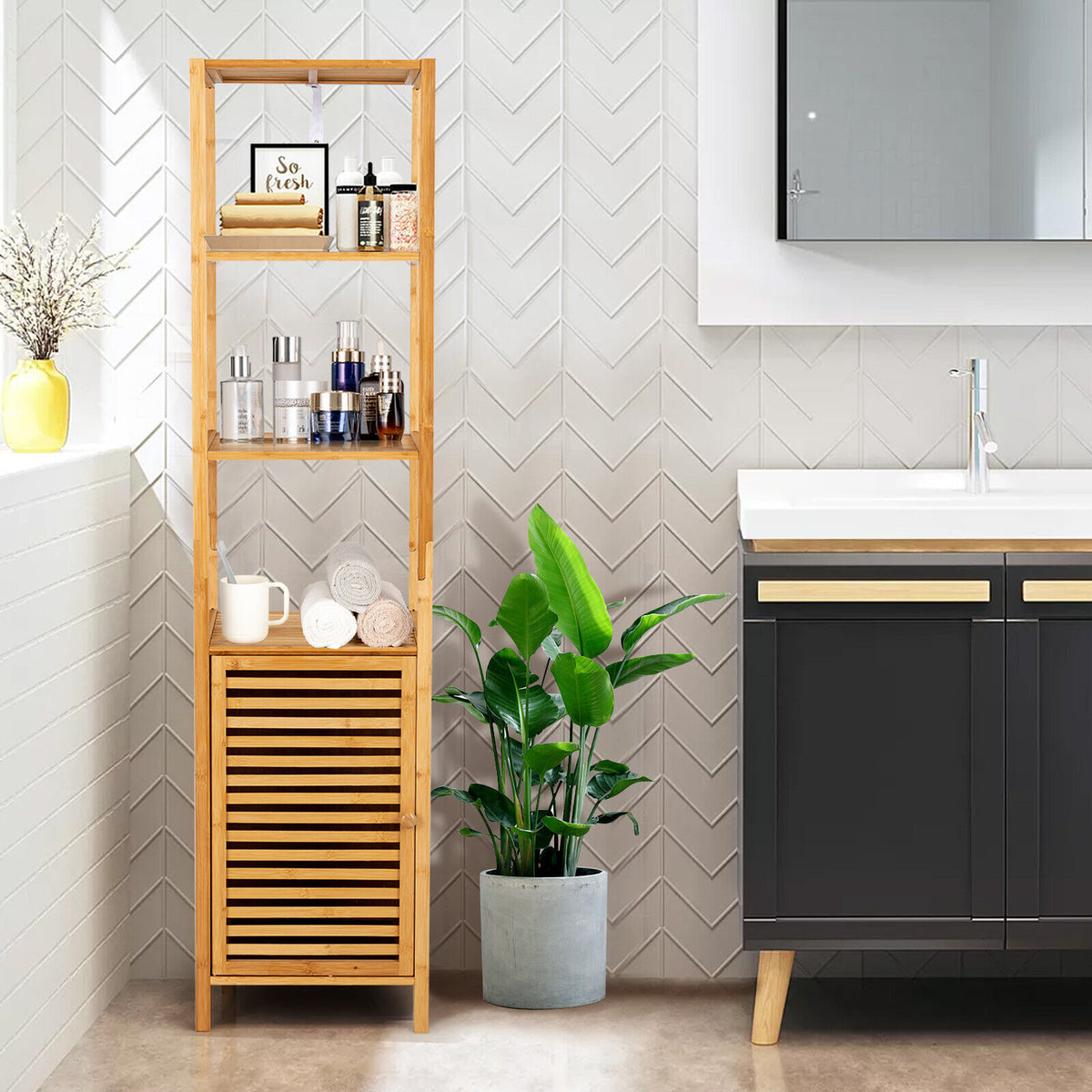 4-Tier Slim Bamboo Floor Storage Cabinet - Natural 65"H-Floor Cabinets-DECOROLALA