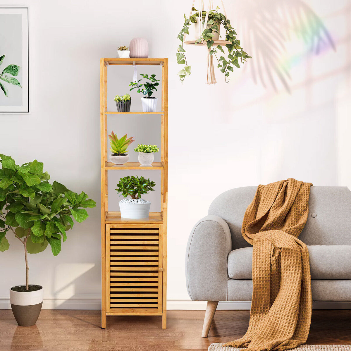 4-Tier Slim Bamboo Floor Storage Cabinet - Natural 65"H-Floor Cabinets-DECOROLALA