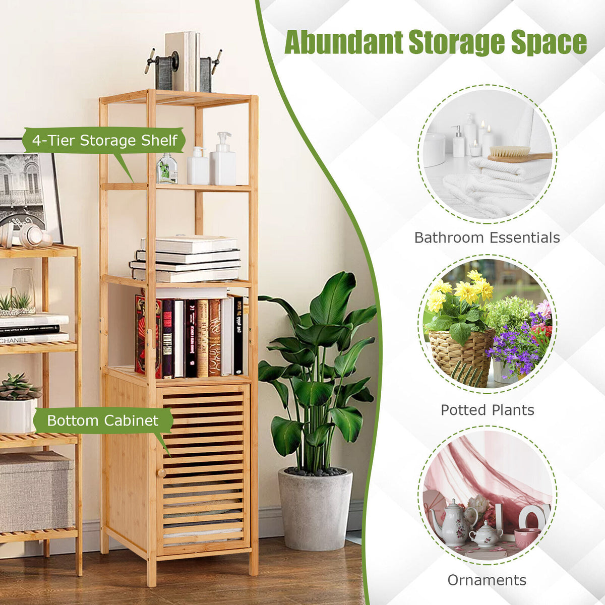4-Tier Slim Bamboo Floor Storage Cabinet - Natural 65"H-Floor Cabinets-DECOROLALA