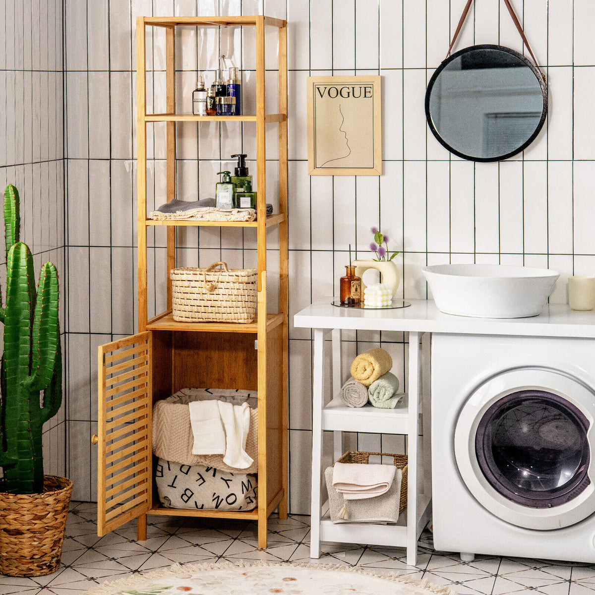 4-Tier Slim Bamboo Floor Storage Cabinet - Natural 65"H-Floor Cabinets-DECOROLALA