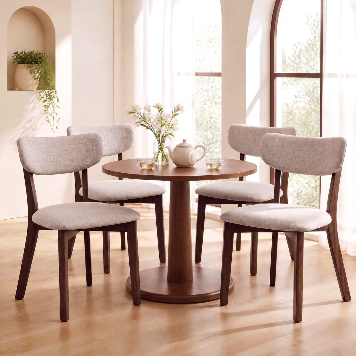 4 Upholstered Chairs with Solid Rubber Wood Frame and Curved Backrest for Dining Room-Brown-Dining Chairs-DECOROLALA
