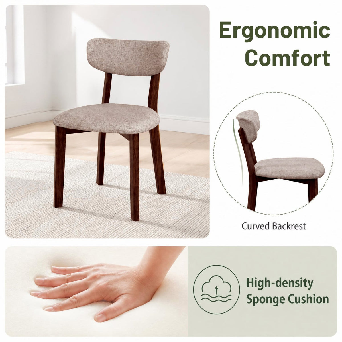 4 Upholstered Chairs with Solid Rubber Wood Frame and Curved Backrest for Dining Room-Brown-Dining Chairs-DECOROLALA