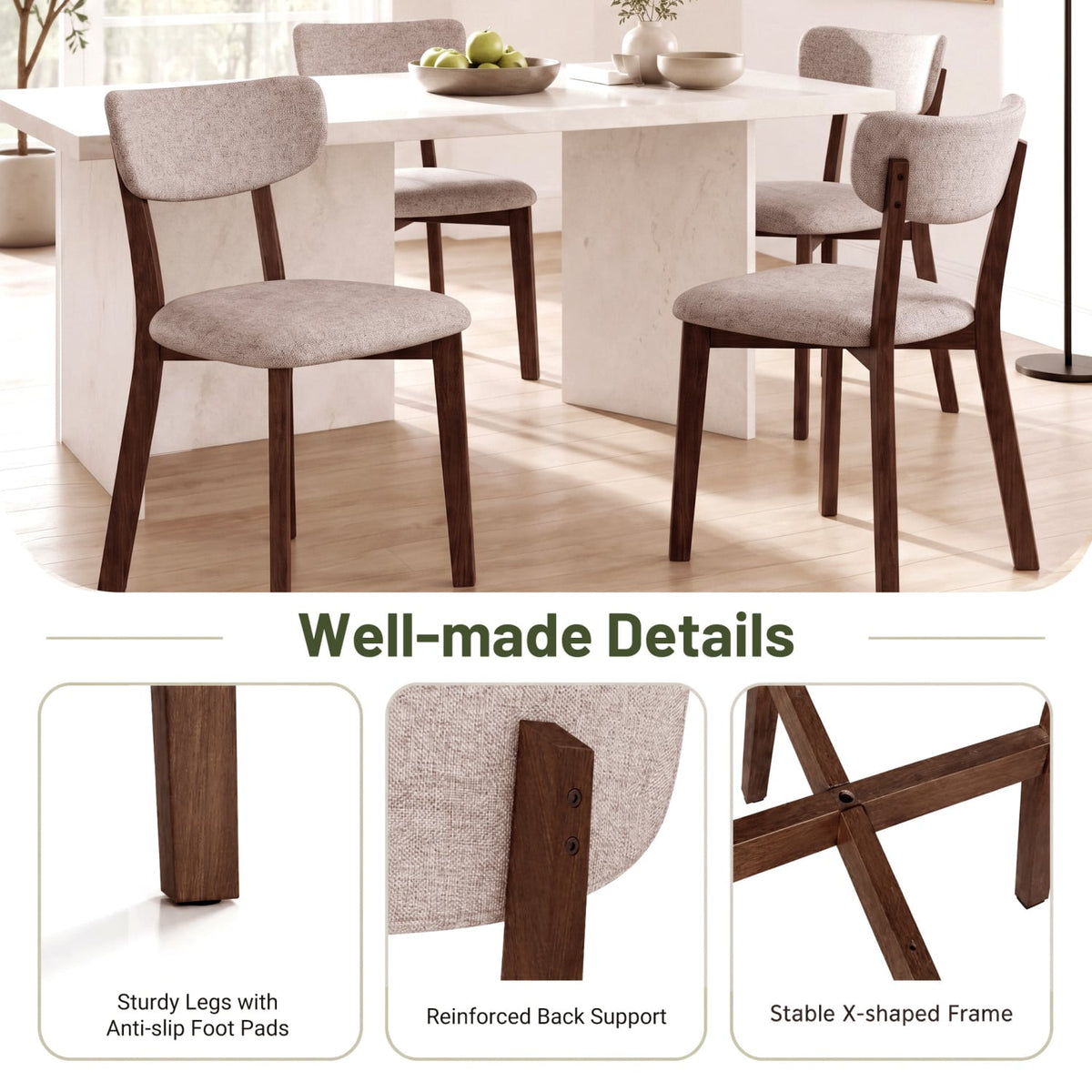 4 Upholstered Chairs with Solid Rubber Wood Frame and Curved Backrest for Dining Room-Brown-Dining Chairs-DECOROLALA