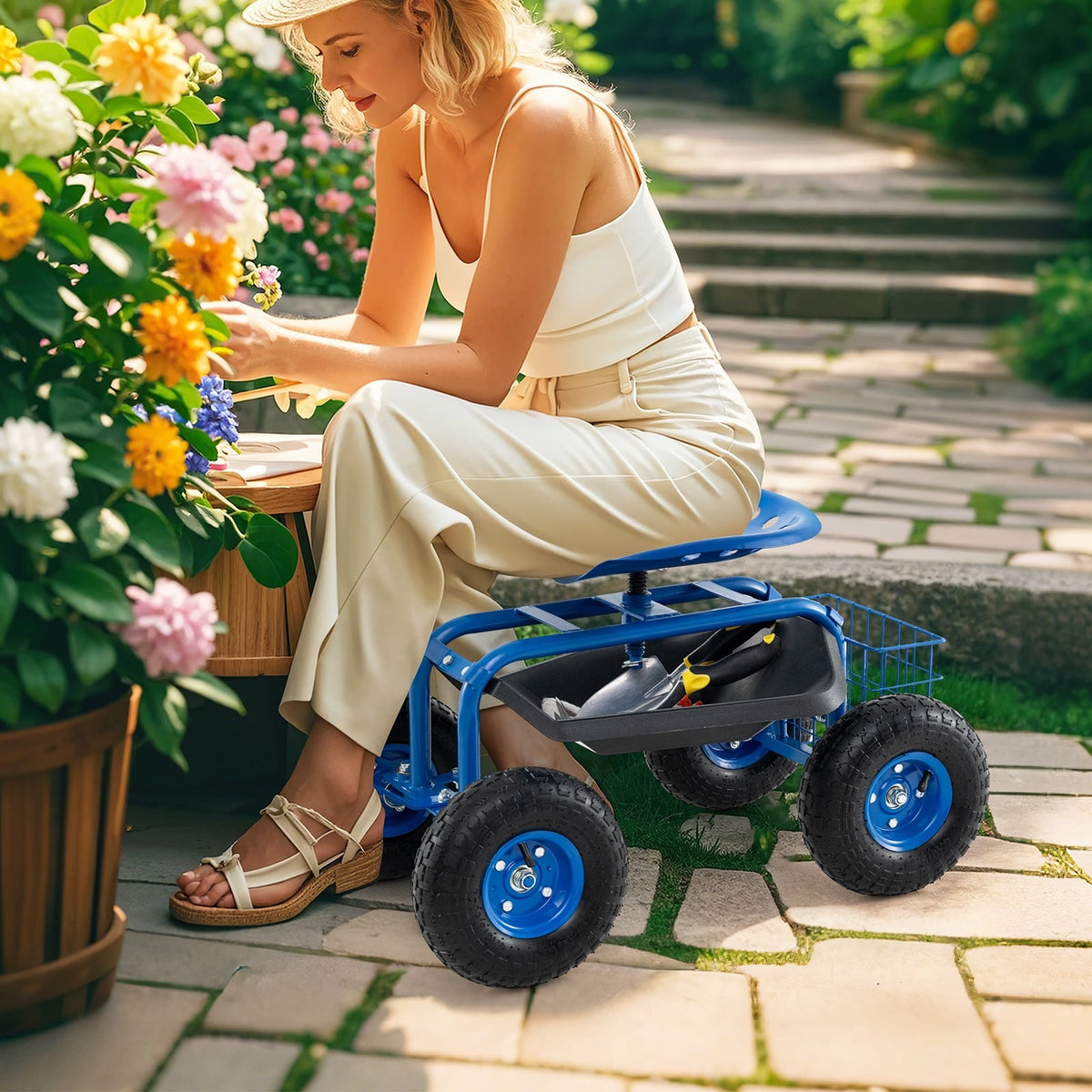 4-Wheel Rolling Garden Cart Work Seat-Blue-Garden Carts-DECOROLALA