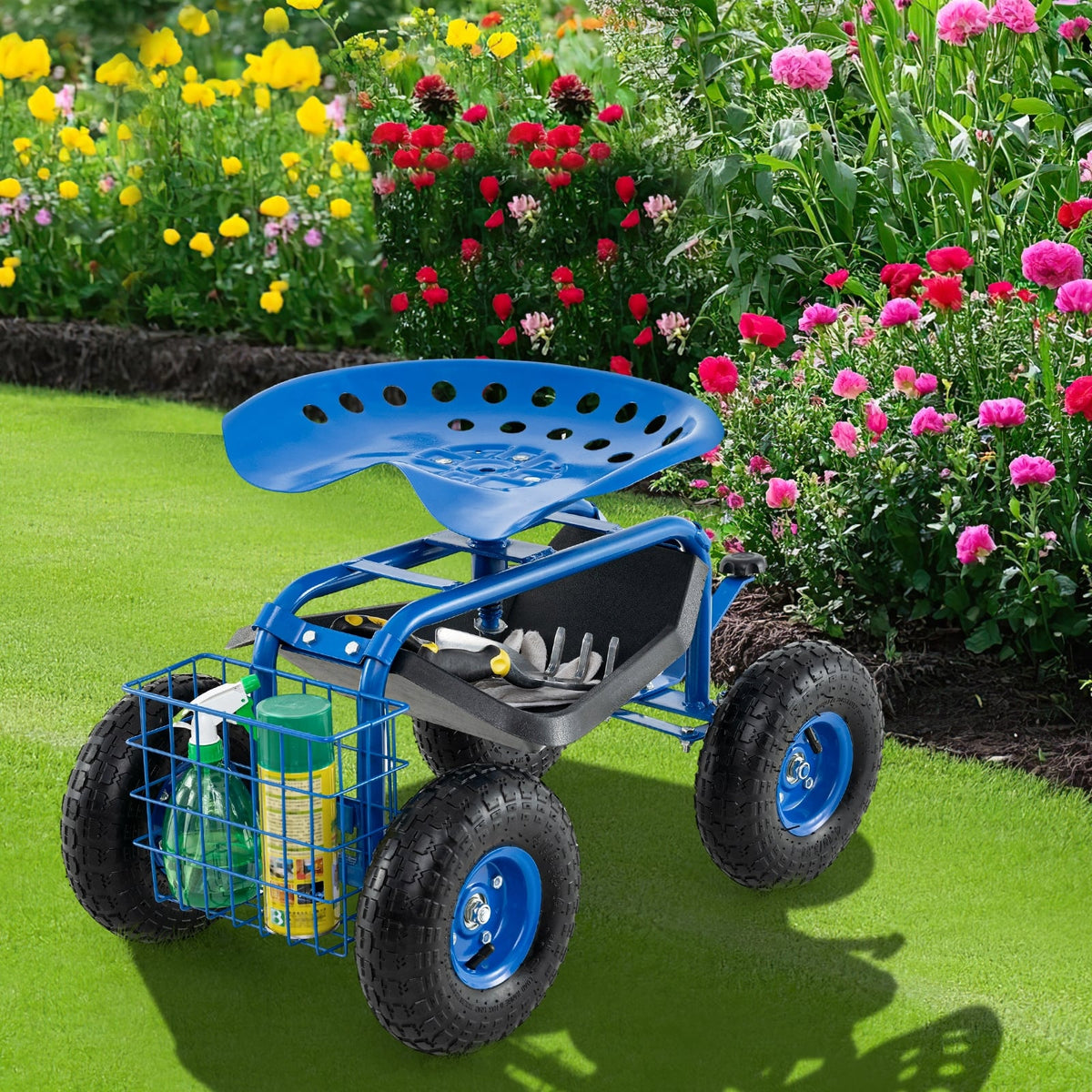 4-Wheel Rolling Garden Cart Work Seat-Blue-Garden Carts-DECOROLALA