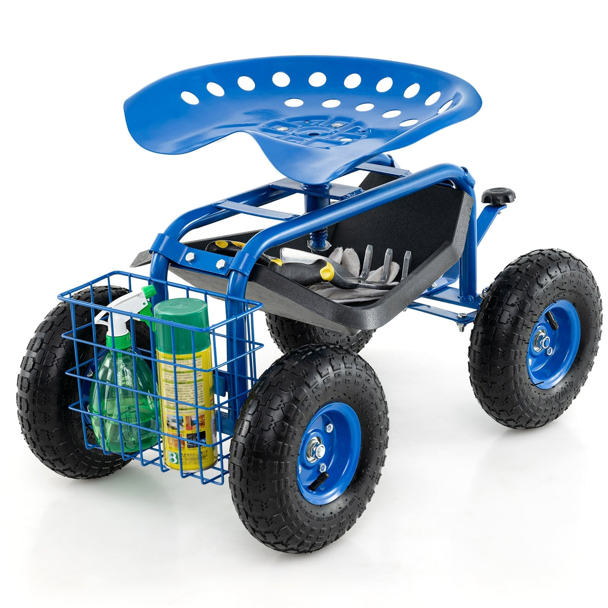 4-Wheel Rolling Garden Cart Work Seat-Blue-Garden Carts-DECOROLALA