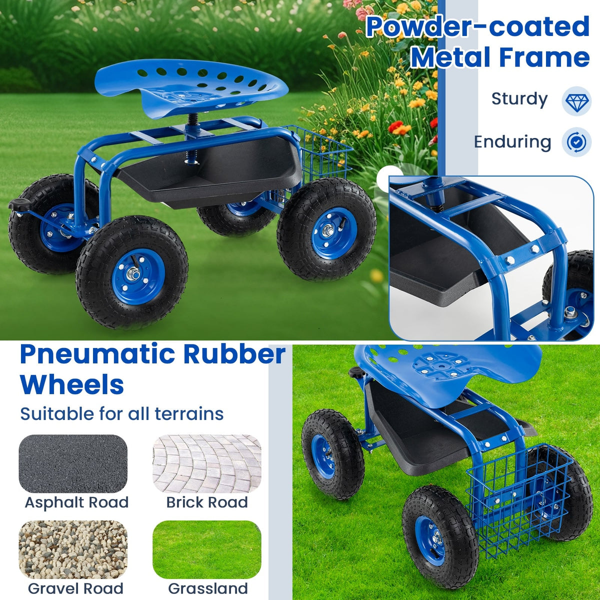 4-Wheel Rolling Garden Cart Work Seat-Blue-Garden Carts-DECOROLALA