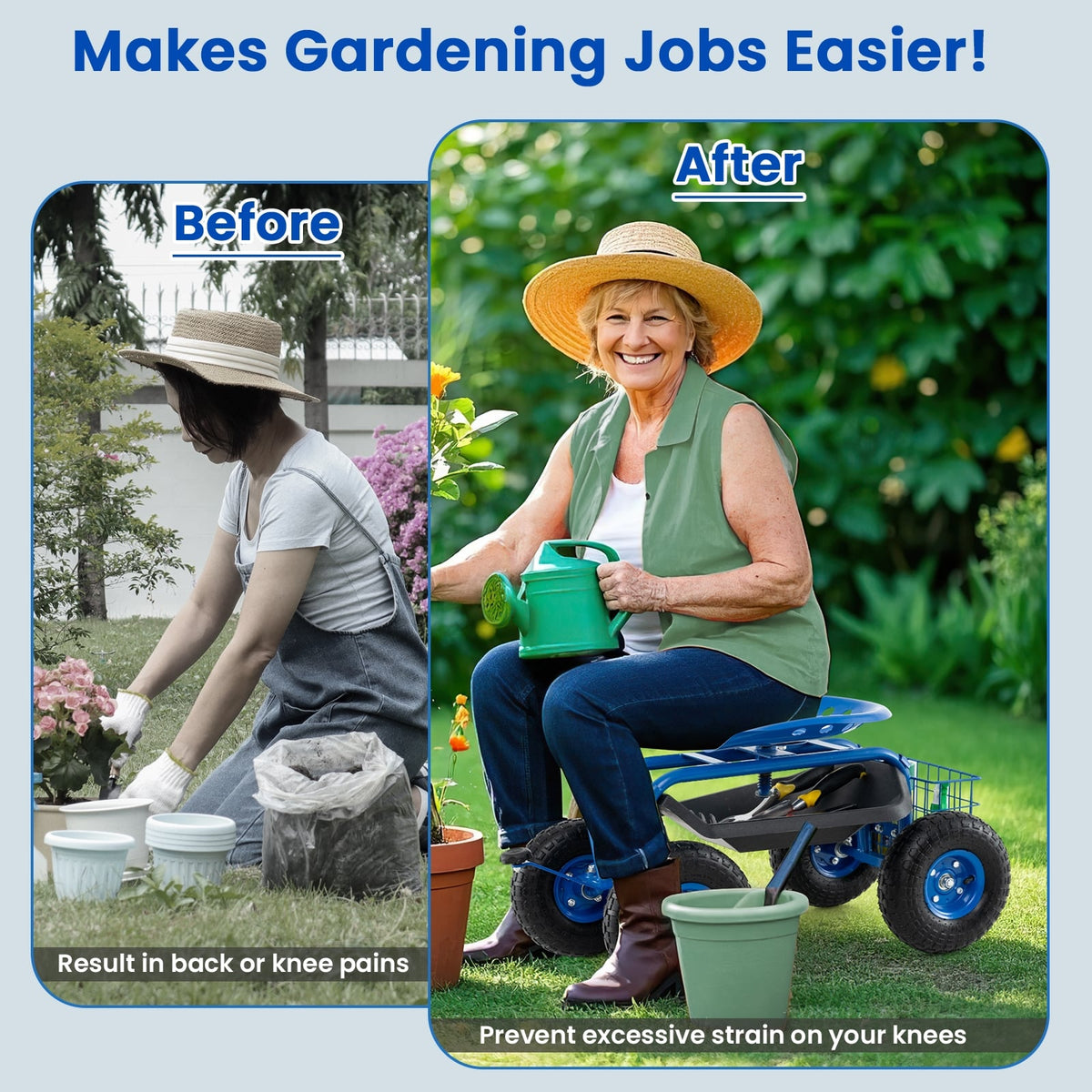 4-Wheel Rolling Garden Cart Work Seat-Blue-Garden Carts-DECOROLALA