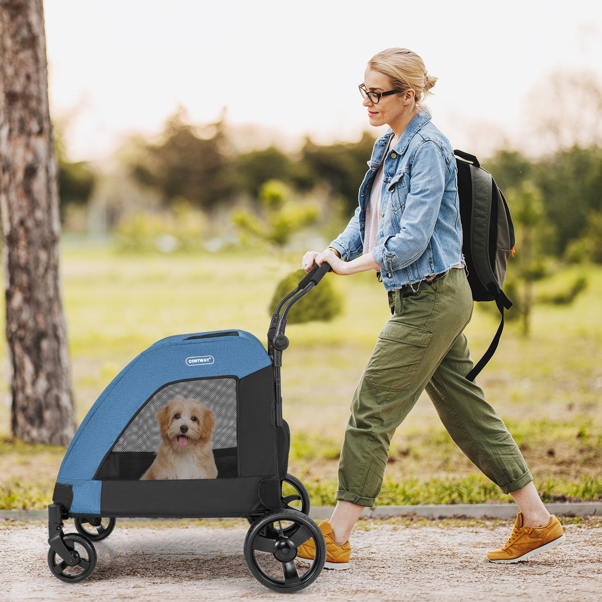 4 Wheels Extra Large Dog Stroller Foldable Pet Stroller with Dual Entry-Blue-Dog Supplies-DECOROLALA