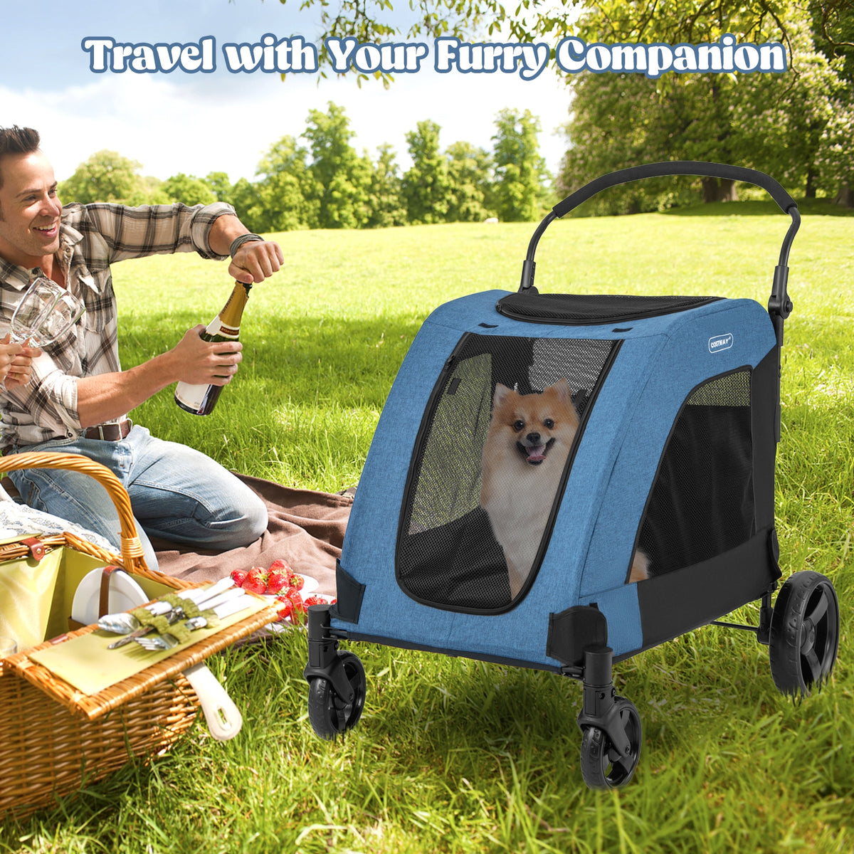 4 Wheels Extra Large Dog Stroller Foldable Pet Stroller with Dual Entry-Blue-Dog Supplies-DECOROLALA