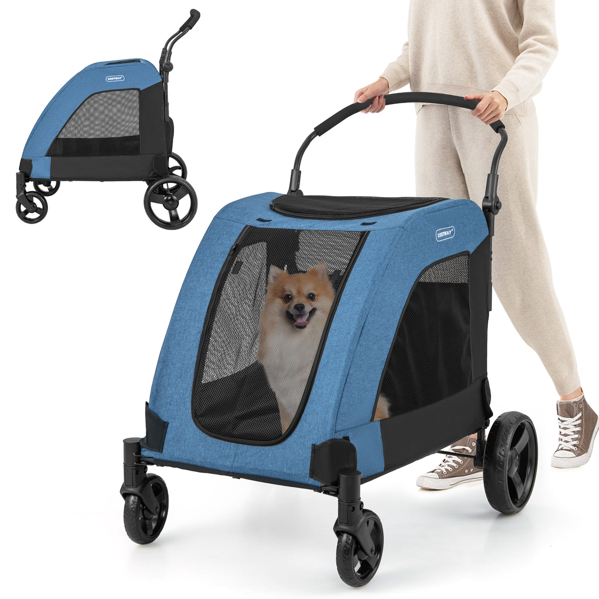 4 Wheels Extra Large Dog Stroller Foldable Pet Stroller with Dual Entry-Blue-Dog Supplies-DECOROLALA