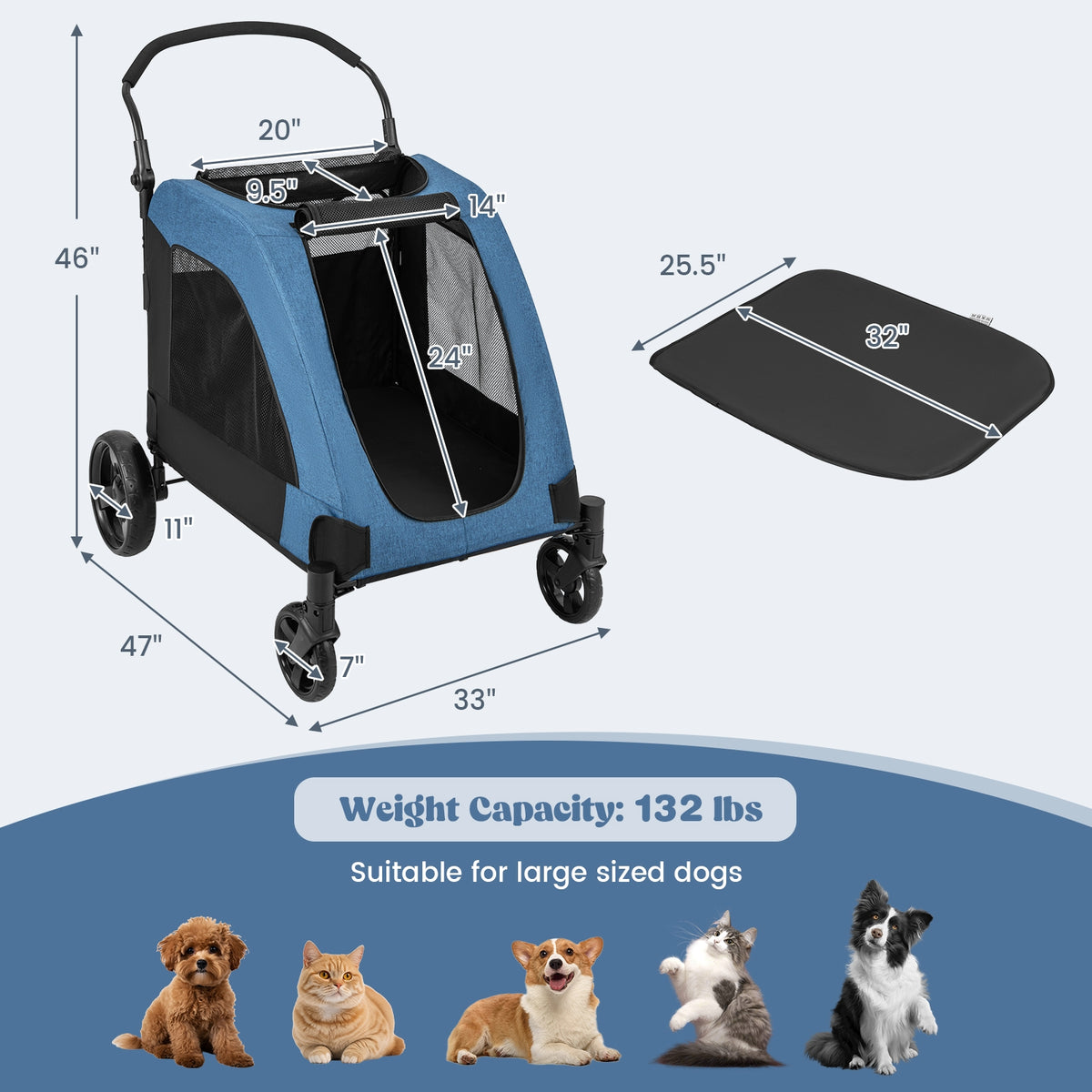 4 Wheels Extra Large Dog Stroller Foldable Pet Stroller with Dual Entry-Blue-Dog Supplies-DECOROLALA