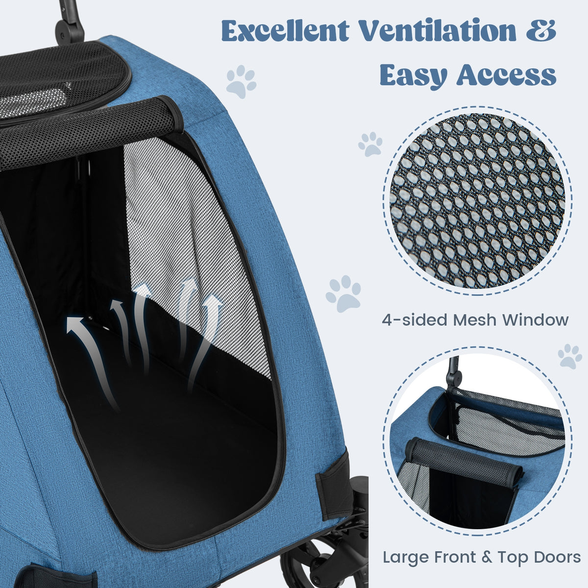 4 Wheels Extra Large Dog Stroller Foldable Pet Stroller with Dual Entry-Blue-Dog Supplies-DECOROLALA