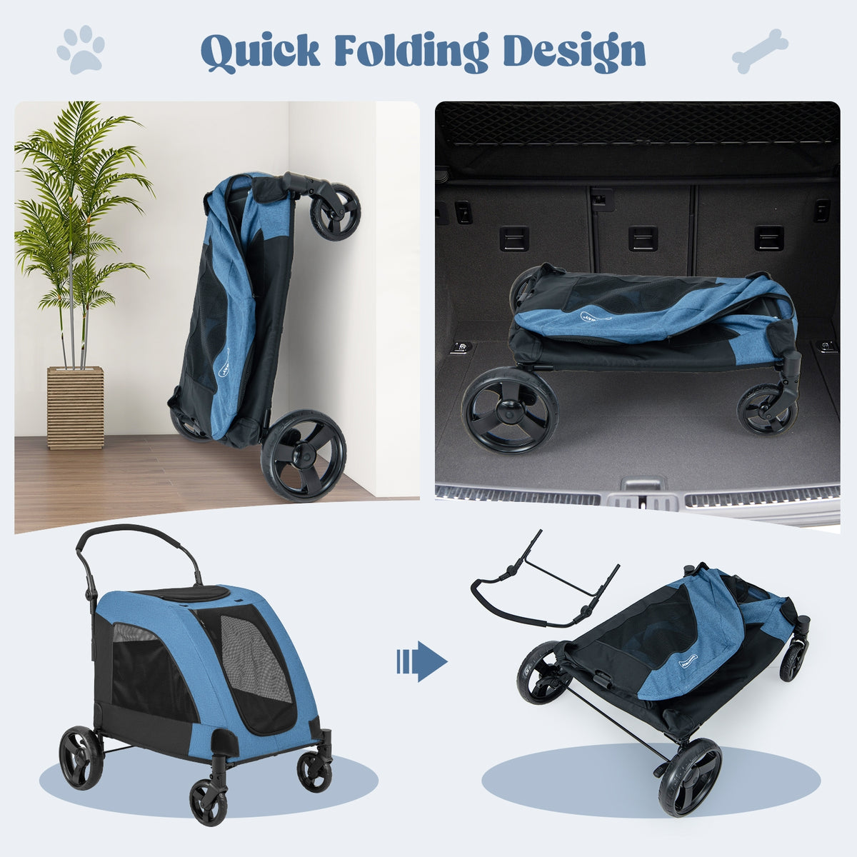 4 Wheels Extra Large Dog Stroller Foldable Pet Stroller with Dual Entry-Blue-Dog Supplies-DECOROLALA