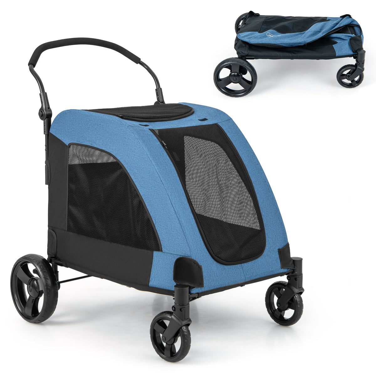 4 Wheels Extra Large Dog Stroller Foldable Pet Stroller with Dual Entry-Blue-Dog Supplies-DECOROLALA