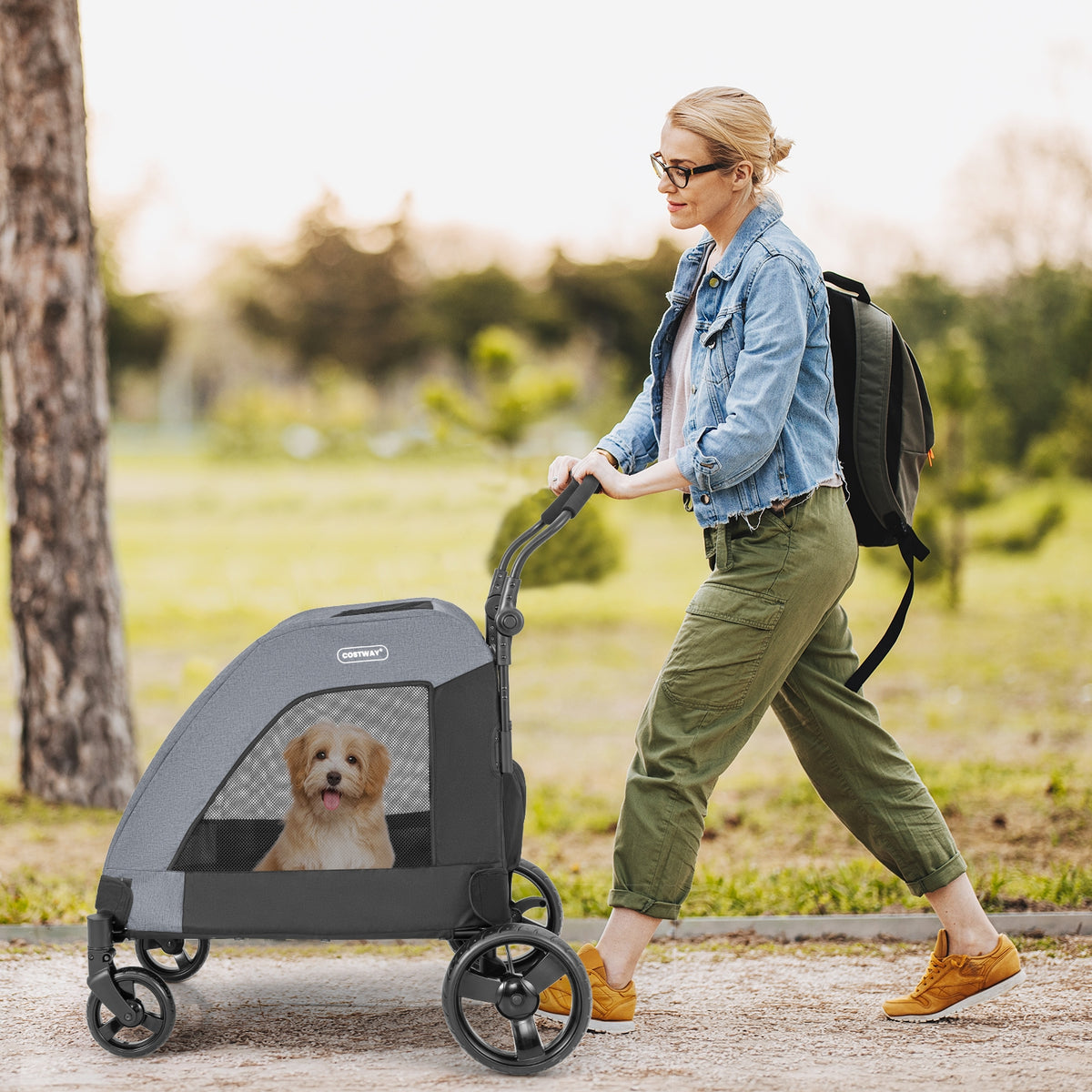4 Wheels Extra Large Dog Stroller Foldable Pet Stroller with Dual Entry-Gray-Dog Supplies-DECOROLALA