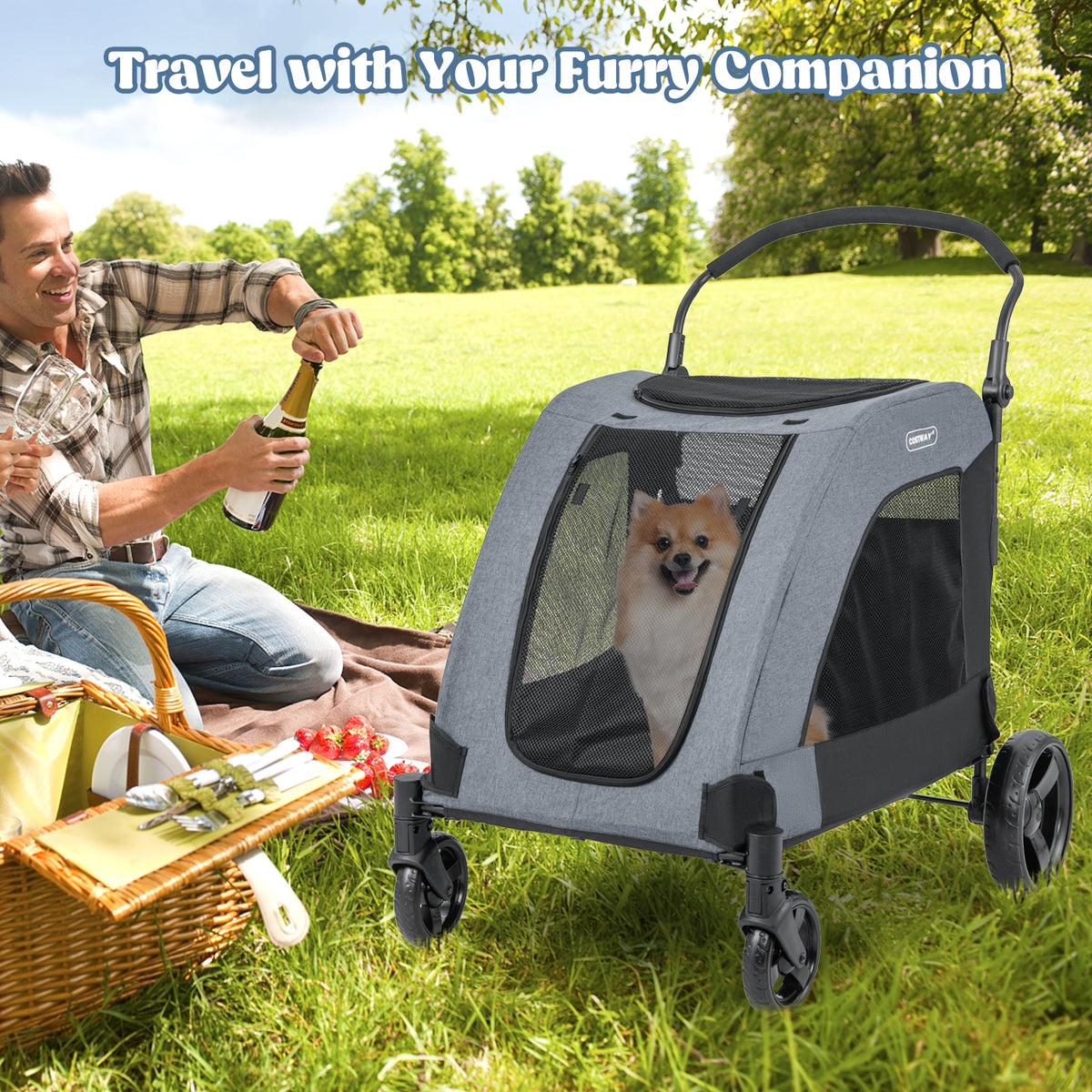 4 Wheels Extra Large Dog Stroller Foldable Pet Stroller with Dual Entry-Gray-Dog Supplies-DECOROLALA