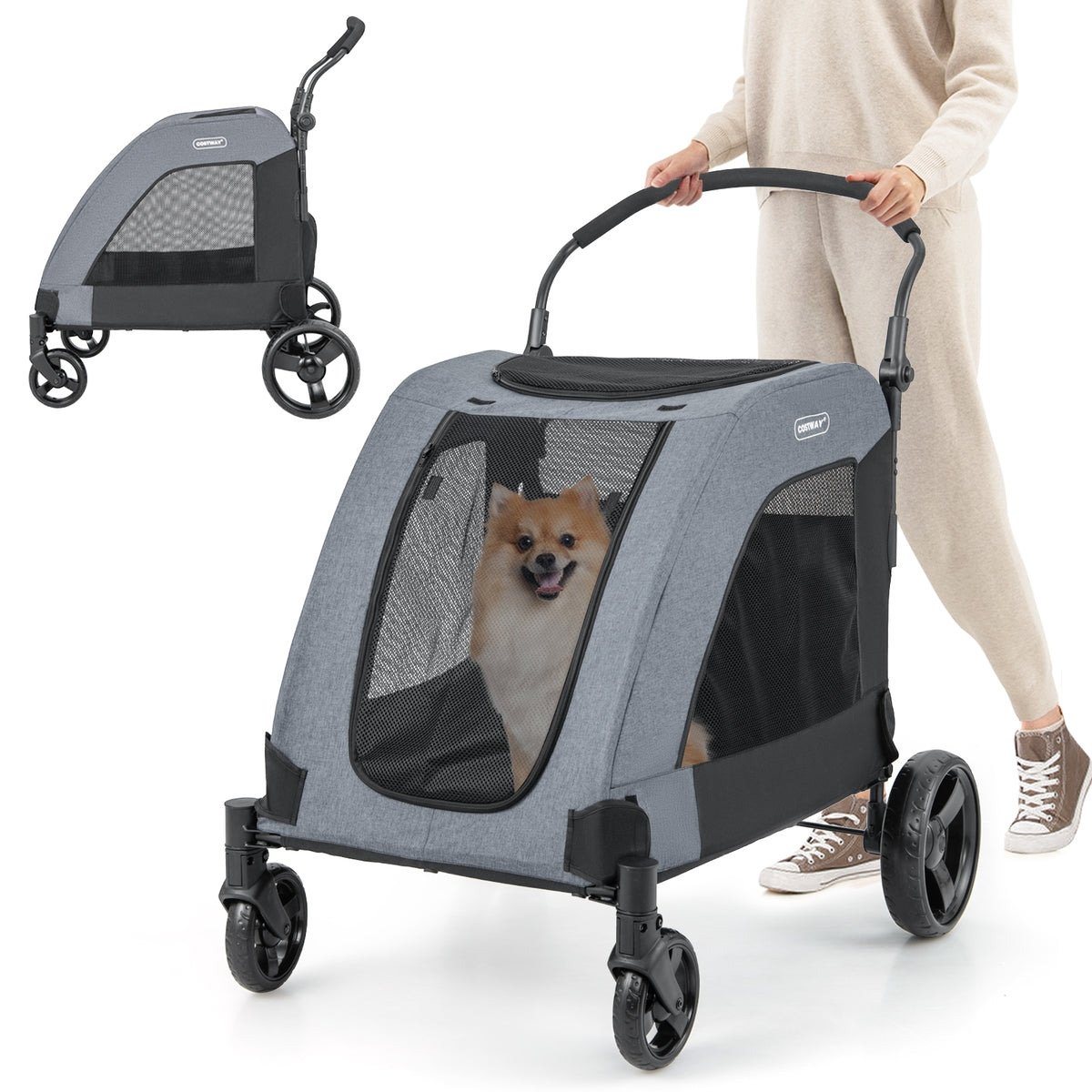4 Wheels Extra Large Dog Stroller Foldable Pet Stroller with Dual Entry-Gray-Dog Supplies-DECOROLALA