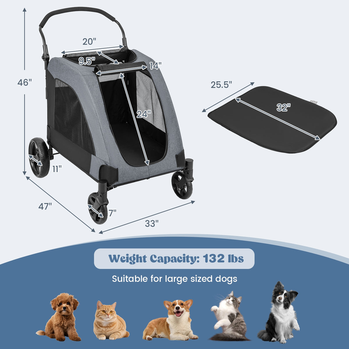 4 Wheels Extra Large Dog Stroller Foldable Pet Stroller with Dual Entry-Gray-Dog Supplies-DECOROLALA
