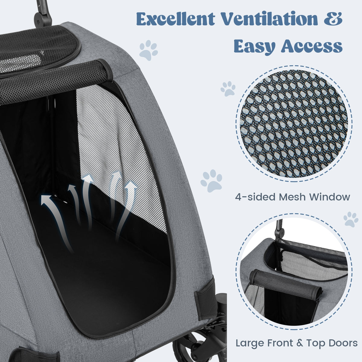 4 Wheels Extra Large Dog Stroller Foldable Pet Stroller with Dual Entry-Gray-Dog Supplies-DECOROLALA