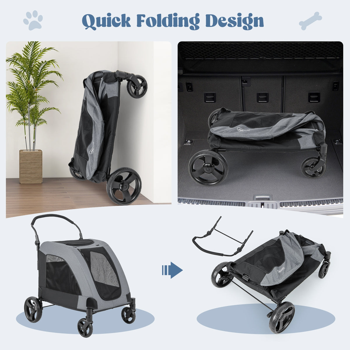 4 Wheels Extra Large Dog Stroller Foldable Pet Stroller with Dual Entry-Gray-Dog Supplies-DECOROLALA
