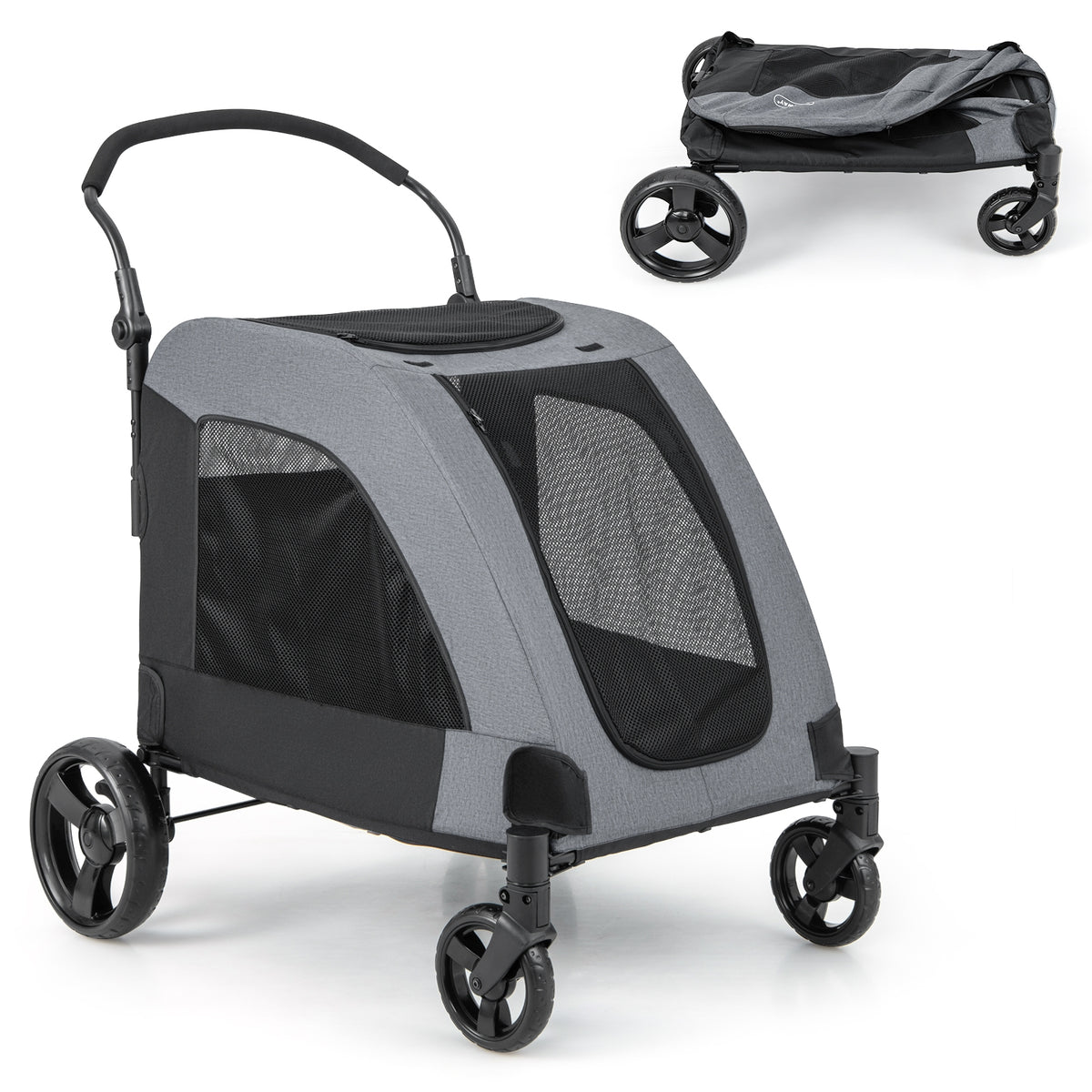 4 Wheels Extra Large Dog Stroller Foldable Pet Stroller with Dual Entry-Gray-Dog Supplies-DECOROLALA