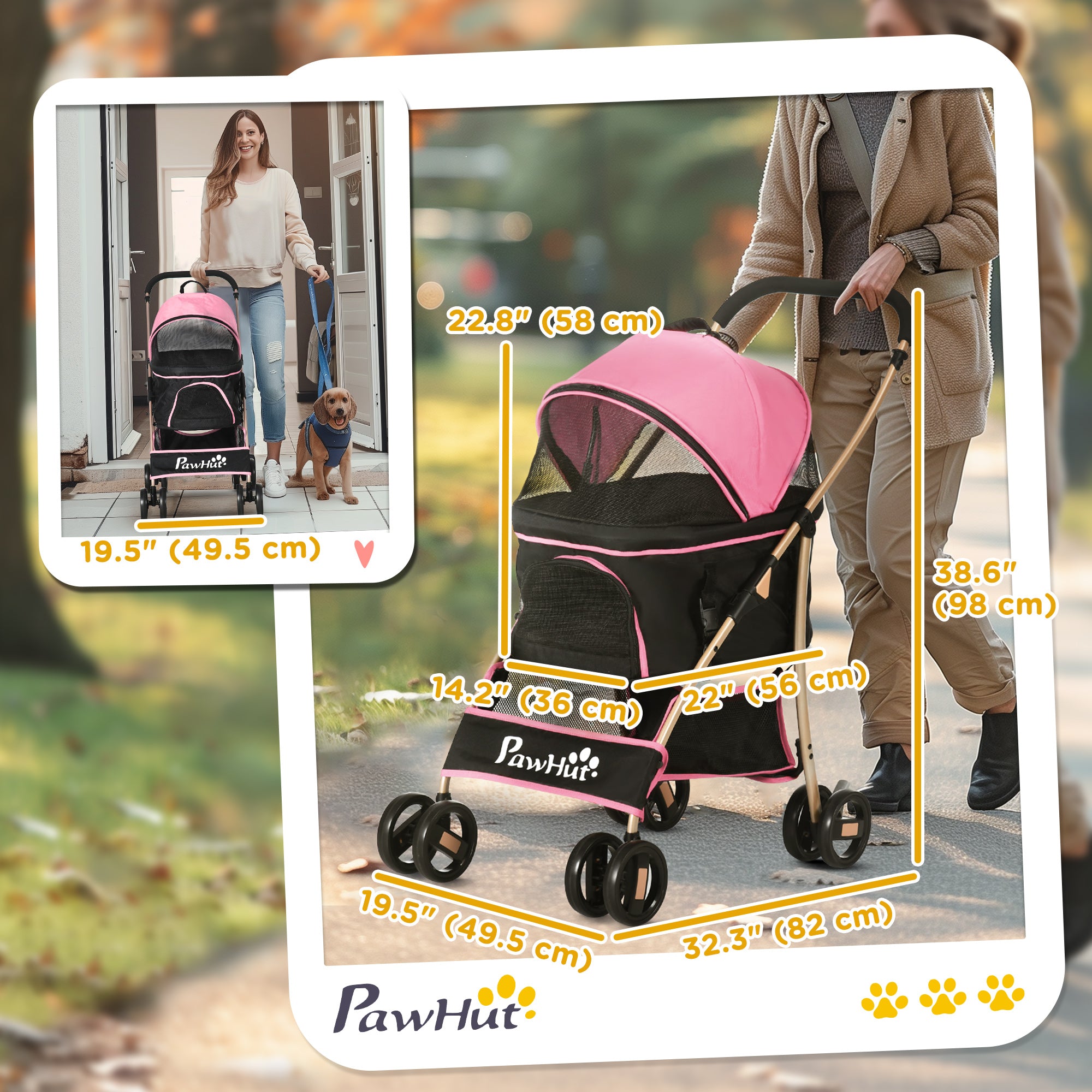 4 Wheels Pet Stroller, 3 in 1 Dog Cat Travel Folding Carrier, for Small Dogs, Detachable, w/ Brake, Canopy, Basket, Storage Bag - Pink-Dogs-DECOROLALA
