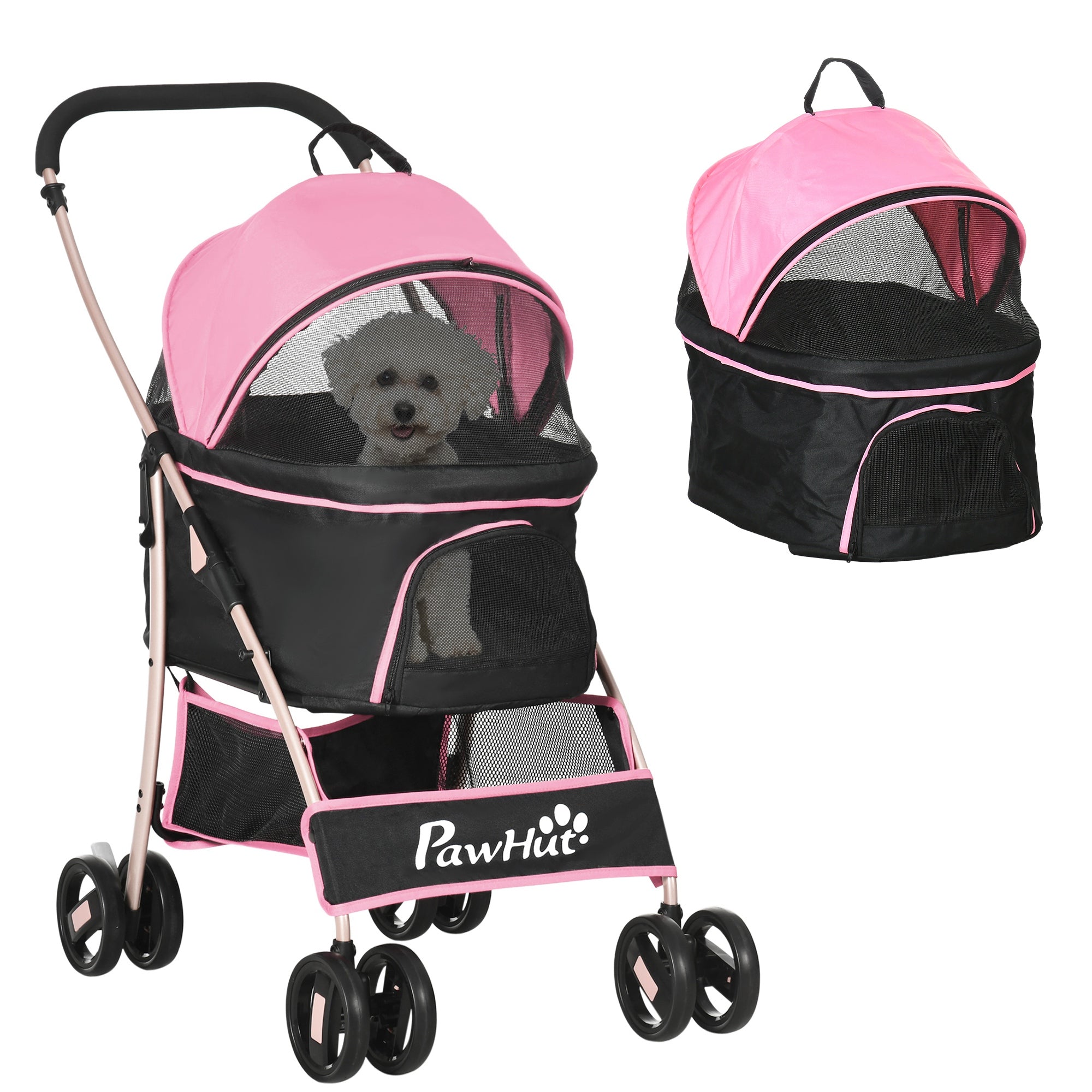 4 Wheels Pet Stroller, 3 in 1 Dog Cat Travel Folding Carrier, for Small Dogs, Detachable, w/ Brake, Canopy, Basket, Storage Bag - Pink-Dogs-DECOROLALA