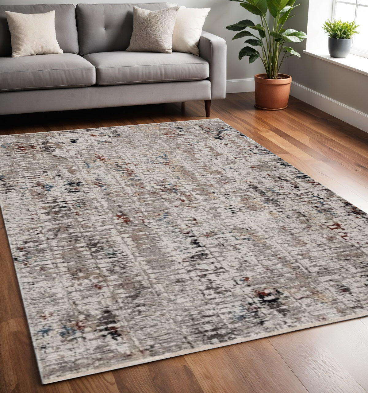 4' X 5' Beige And Gray Abstract Distressed Area Rug-Area Rugs-DECOROLALA