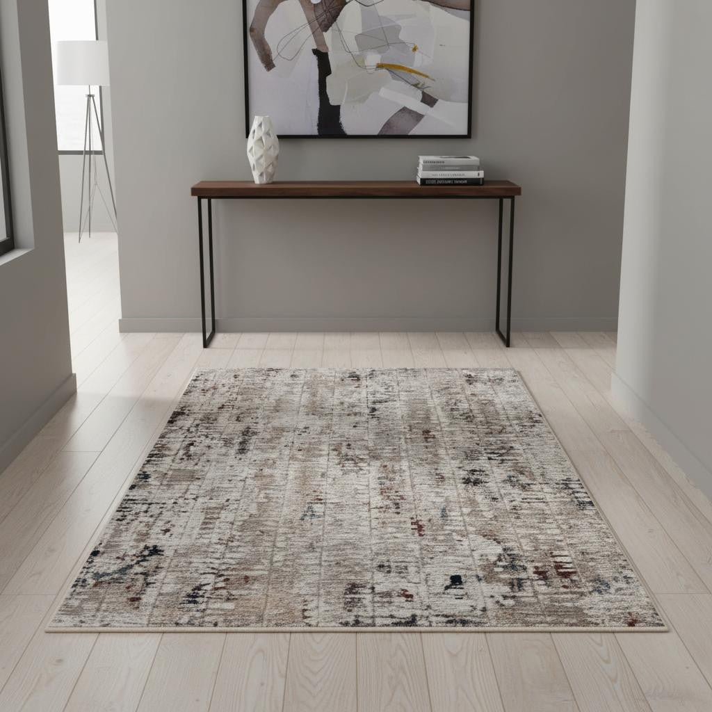 4' X 5' Beige And Gray Abstract Distressed Area Rug-Area Rugs-DECOROLALA